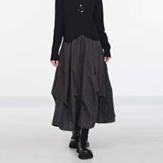 批发实拍 灰色褶皱感小众设计A字裙绒<b class='q'>半身</b>裙女新款极简主义中长款裙子