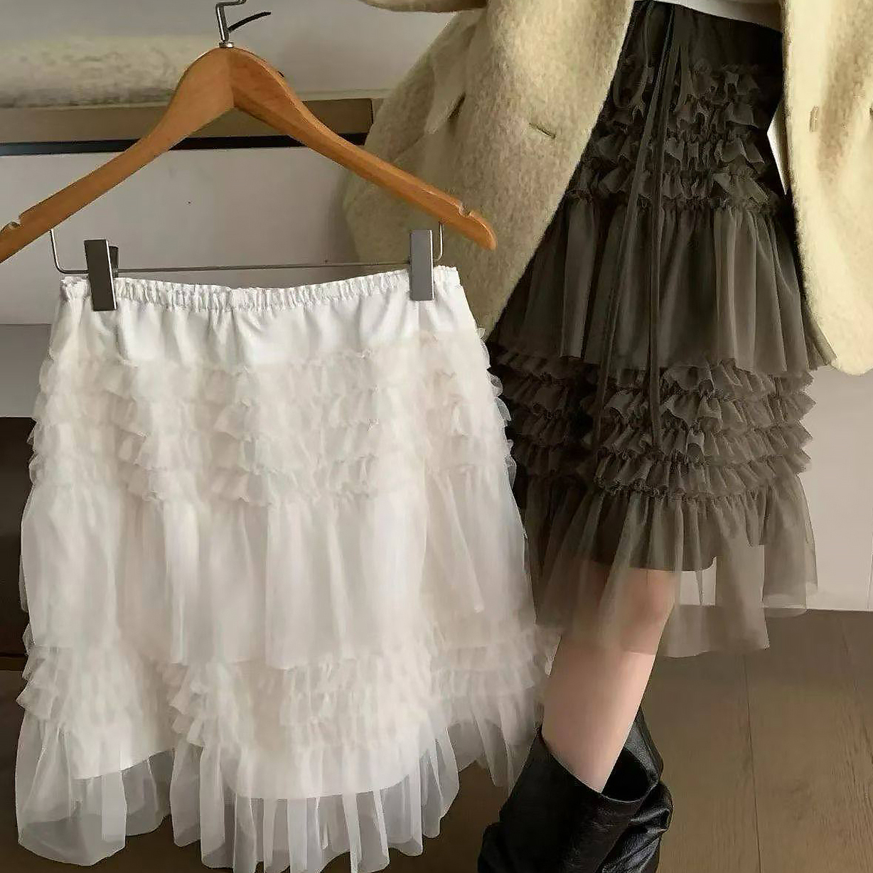 실사 새로운 프랑스식 낭만주의 층 A라인 스커트 프릴 퍼프 스커트 중간 스커트 반신 스커트 새로운 망사 치마