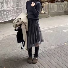 批发实拍韩系纯色不规则网纱拼接半身裙2026小众洋气甜酷遮肉裙子chic