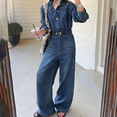 批发复古长袖高腰收腰<b class='q'>牛仔</b>连体裤女早春款气质高级显瘦梨形阔腿连衣裤