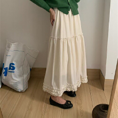 批发2026春季纯色下摆花边A字裙半身裙中<b class='q'>长裙</b>时尚显瘦松紧腰高腰欧货