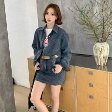 批发春季复古牛仔套<b class='q'>装</b>女宽松翻领<b class='q'>衬衫</b> 高腰a字短裙时尚减龄洋气两件套