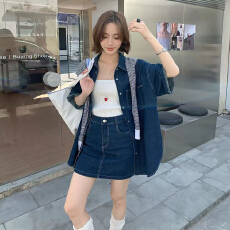 批发2026春夏季新款配披肩三件套牛仔套<b class='q'>装</b>裙薄款短袖<b class='q'>衬衫</b>牛仔A字短裙