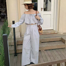 批发一字肩抽绳<b class='q'>衬衫</b>休闲直筒<b class='q'>裤</b>套<b class='q'>装</b>女2026早春季新款超绝松弛感两件套