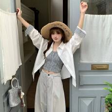 批发韩系慵懒风拼接格子长袖<b class='q'>衬衫</b>春季新款宽松显瘦套<b class='q'>装</b>格子打底背心潮