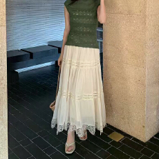 批发2026夏季法式温柔风睫毛蕾丝拼接半身裙中长款高腰百搭垂感a字裙