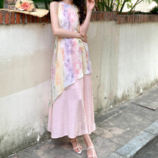 批发2026夏季法式度假风拼接假两件扎染爱心剪花挂脖背心<b class='q'>连衣裙</b>配腰绳