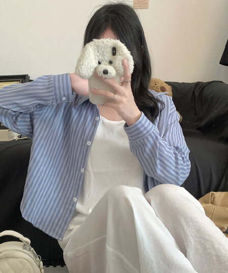 이중층 면사 한 부서 바람 짧은 외투 격자 무늬 셔츠 얇은 스타일 다용도 폴로 칼라 밴딩 허리 수축 쇼트 스타일 셔츠 긴팔