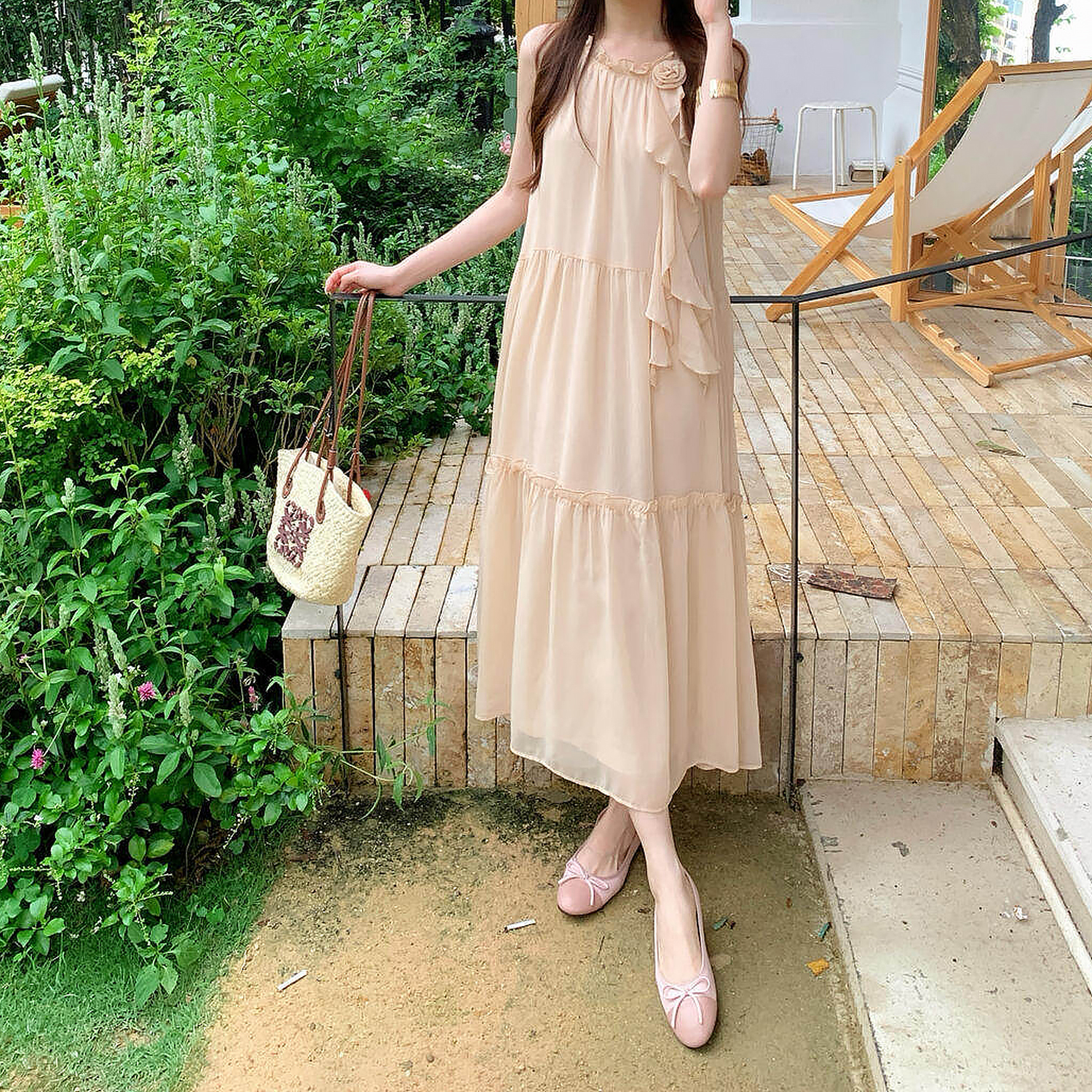 2026 새로운 프랑스식 부드러운 바람 리본 꽃 프릴 품격 드레스 달콤함 휴가 바람 행침 목 롱 스커트