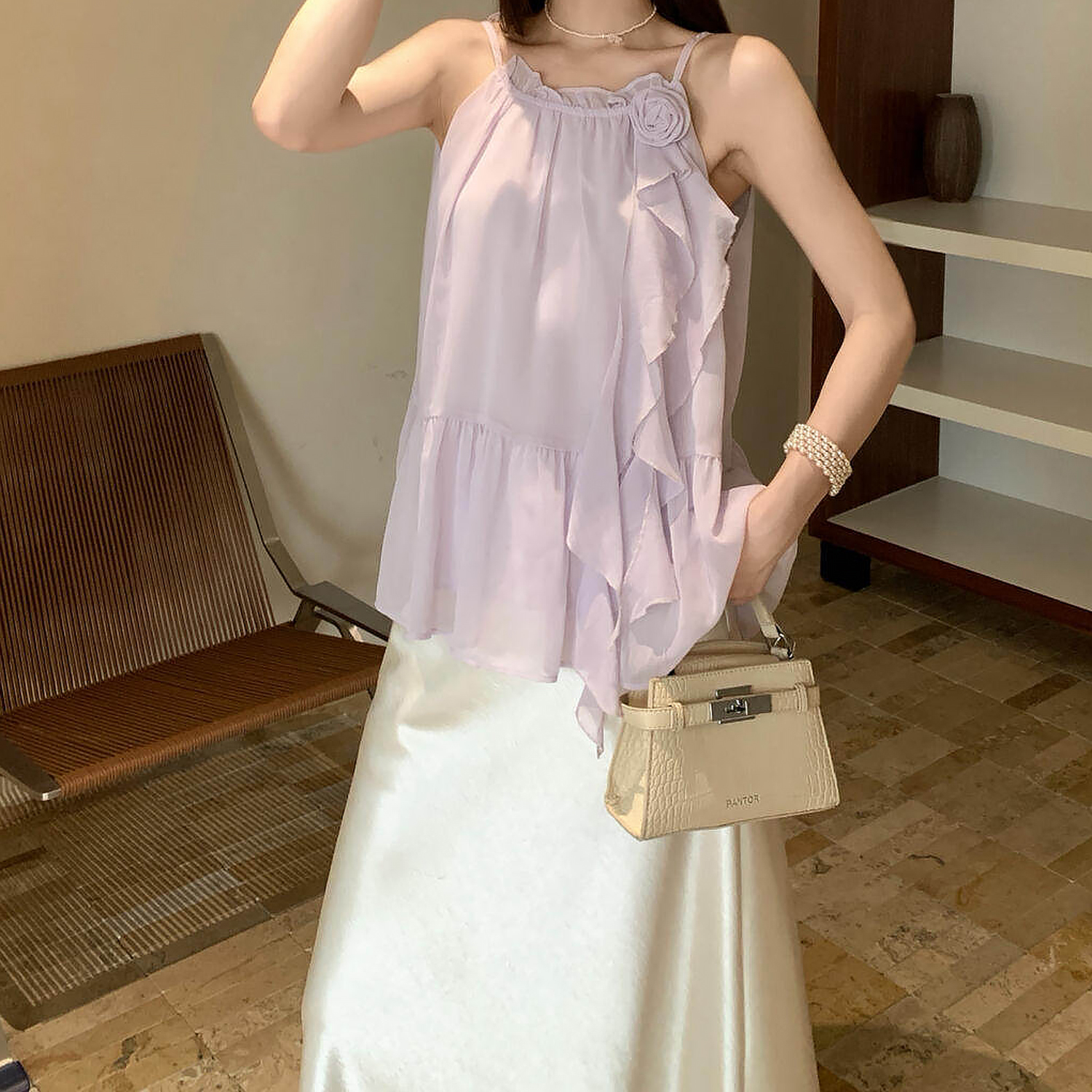 여름 부드러운 부서 프랑스식 디자인 꽃 행침 목 민소매 작은 셔츠 여성 의류 다용도 패션 가스 질감 맨위