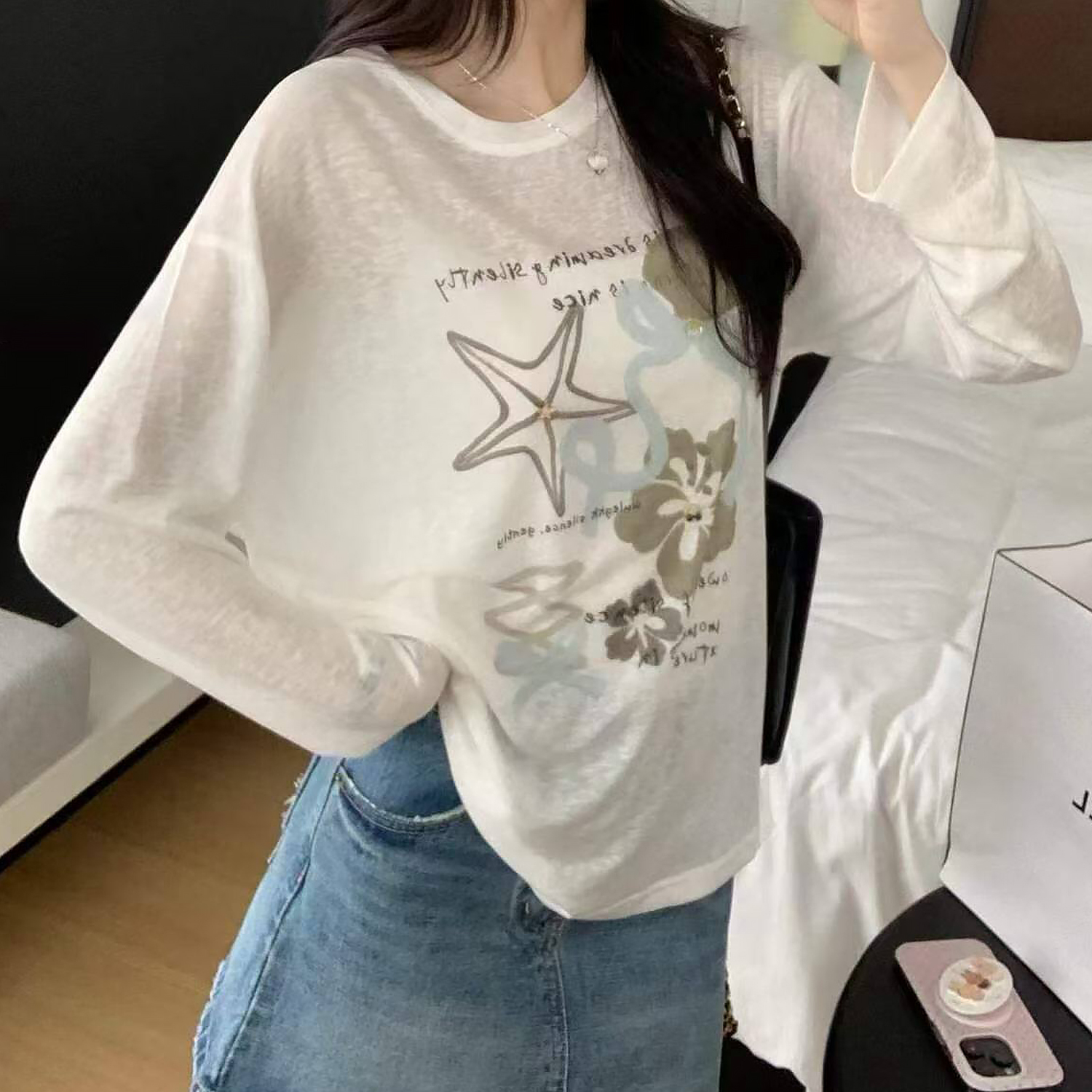 한 부서 바람 2026 년 한국 스타일 여름 새로운 모리 소녀 숙녀 프린트 캐주얼 자외선 차단 긴팔 티셔츠 맨위 여성