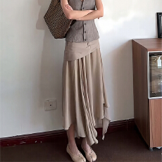 批发法式<b class='q'>百搭</b>垂坠感日常休闲流动不规则堆叠假两件不对称女松弛高腰裙