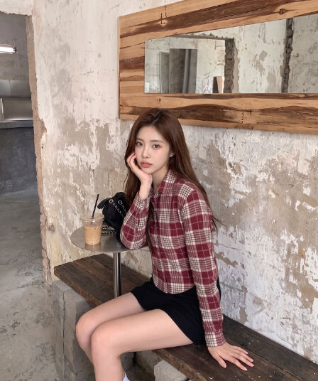 가을 새로운 체크무늬 폴로 칼라 여성 셔츠 출퇴근 루즈핏 프로필 모양 쇼트 스타일 체크무늬 긴팔 셔츠 여성
