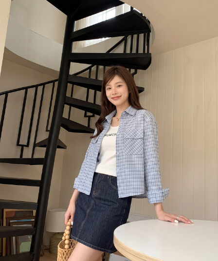아메리칸 레트로 루즈핏 폴로 칼라 긴팔 여성 셔츠 조기 가을 배색 체크무늬 캐주얼 조끼 맨위 두 조각 여성 세트