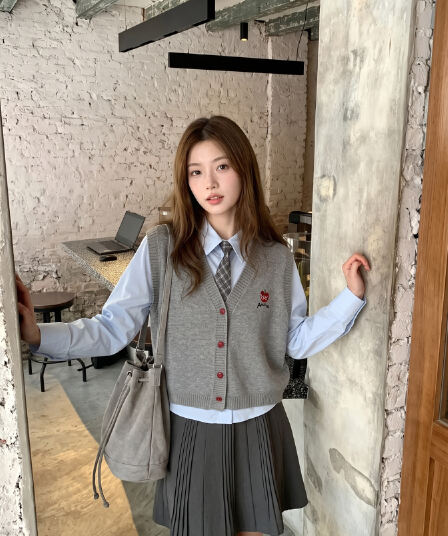 한 부서 학원 스타일 니트 조끼 스택 착용 셔츠 맨위 여성 이른 가을 새로운 달콤함 연령 감소 셔츠 세트 여성