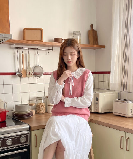 부드러운 바람 한 부서 달콤함 셔츠 스택 착용 하늘색 니트 베스트 쇼트 스타일 스웨터 u 칼라 조끼 세트 여성