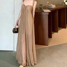 批发翩翩欲仙 度假气质网纱杏色抹胸<b class='q'>连衣</b>裙