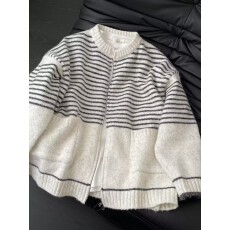 批发韩系慵懒风穿搭条纹外穿毛衣秋<b class='q'>冬</b>女宽松学院风拉链加厚针织衫外套