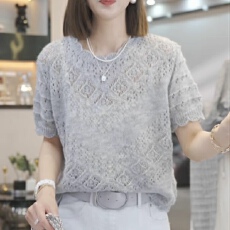 批发高级感重工钩花镂空短袖针织衫大码女装夏季2025新款显瘦宽松上衣
