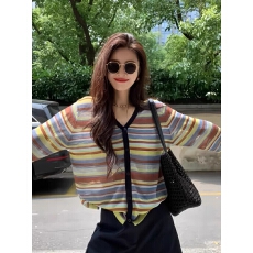 批发大码条纹拼色冰丝长袖针织开衫女<b class='q'>夏</b>季穿搭V领配吊带防晒外套上衣