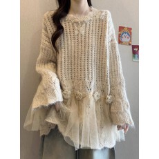 批发立体花朵<b class='q'>长袖</b>针织衫毛衣<b class='q'>女</b>春秋新款大码胖mm显瘦法式网上拼接上衣