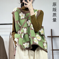 批发2025秋冬新款圆领<b class='q'>背心</b>针织马甲女大码女装花朵<b class='q'>图案</b>针织毛衣马甲女