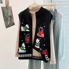 批发超重工黑色卡通刺绣针织马甲<b class='q'>外套</b>女秋装<b class='q'>新款</b>宽松无袖叠穿上衣潮