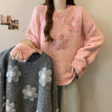 批发高级感花朵刺绣灰色毛衣<b class='q'>大码</b><b class='q'>女装</b>胖mm秋冬<b class='q'>超</b>好看宽松显瘦针织上衣