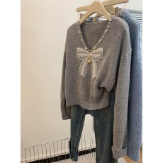 批发法式蝴蝶结珍珠领毛衣女秋<b class='q'>冬</b>小个子重工V领宽松套头打底针织上衣