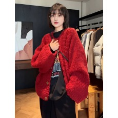 批发港风复古慵懒设计感红色毛衣<b class='q'>开衫</b>女秋冬<b class='q'>大码</b>胖mm宽松显瘦外穿上衣