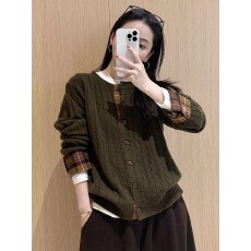 批发<b class='q'>秋</b>季设计感小众绿色毛衣开衫外套女复古慵懒格子拼接麻花针织上衣
