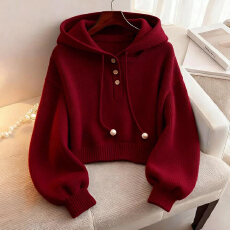 批发红色连帽卫衣女2025年<b class='q'>秋</b>冬新款短款打底衫针织毛衣超好看单穿上衣