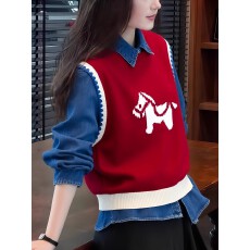 批发红色马年提花外搭叠穿针织马甲背心女2025<b class='q'>秋</b>冬季圣诞穿搭绝美上衣