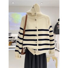 批发韩版立领撞色条纹毛衣开衫女2025新款慵懒宽松针织外套加厚保暖