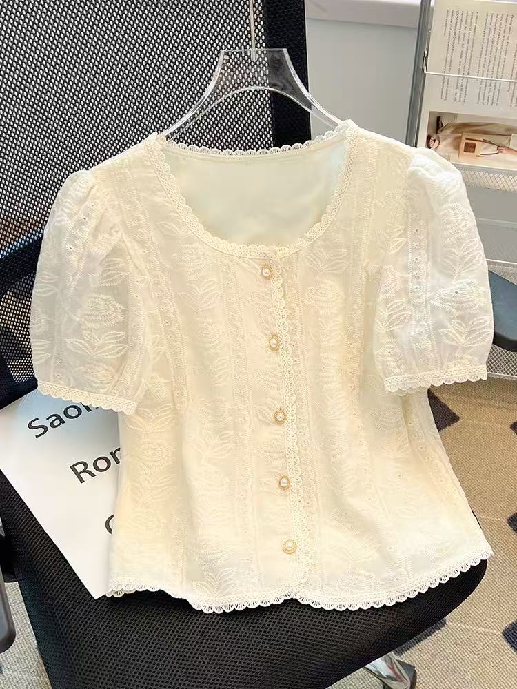 MY16818# 方领刺绣蕾丝衬衫短袖欧货减龄洋气法式小衫短款泡泡袖上衣女...