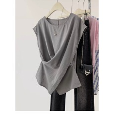 批发灰色棉麻无袖衬衫女<b class='q'>夏</b>季2026新款设计感不规则小飞袖衬衣上衣女款
