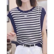 批发撞色冰丝<b class='q'>镂空</b>针织短袖t恤女夏季2026新款小飞袖坎肩百搭显瘦上衣