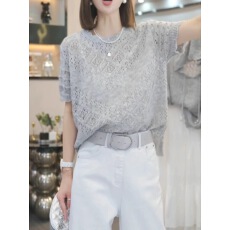 批发大码女装韩版圆领短袖<b class='q'>针织衫</b>夏季胖MM<b class='q'>宽松</b>显瘦镂空别致设计感上衣