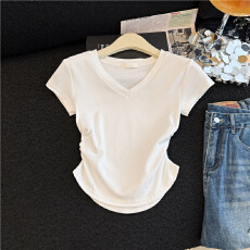 V领灰色正肩短袖女装上衣夏季设计感小众收腰抽褶修身辣妹t恤