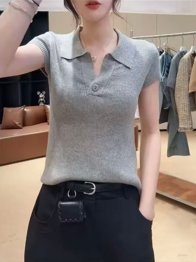 회색 폴로 칼라 POLO 셔츠 반팔 니트 스웨터 여성 여름 작은 키 쇼트 스타일 몸매 가꾸기 슬림해 보이는 품격 패션 맨위
