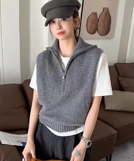 한 부서 미니멀리즘 캐주얼 느긋한 센스 양모 니트 조끼 맨위 가을 겨울 스택 착용 하프 지퍼 다용도 민소매 베스트