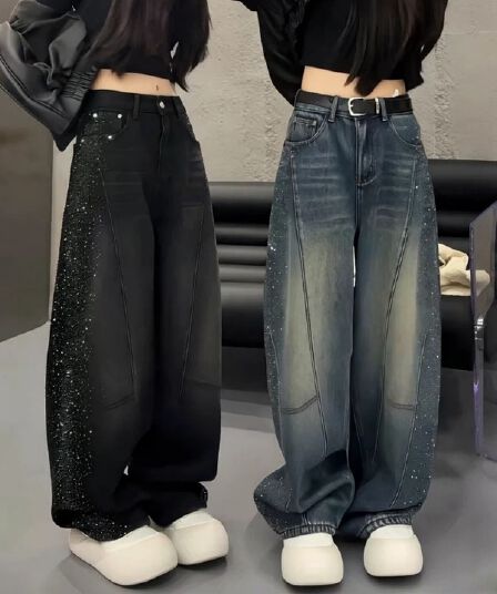 빅 사이즈 여성 의류 레트로 핫픽스 청바지 여성 2026 가을 지방 mm 루즈핏 하이웨이스트 슬림해 보이는 스트레이트 와이드 레그 팬츠 어린이