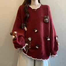 批发大码长袖新款红色宽松百搭毛衣<b class='q'>春</b>秋女装爆款减龄洋气感针织衫上衣