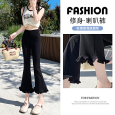 批发实拍2025夏季新款韩版高腰显瘦针织休闲裤弹力<b class='q'>七分</b><b class='q'>打底裤</b>微喇叭裤