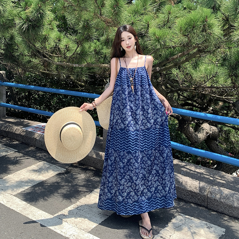 실사 레트로 휴가 바람 운남 덜 이름 수 가족 꽃무늬 슬립 여성 드레스 여름 루즈핏 큰 진자 롱 스커트