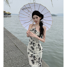 批发挂脖连衣裙女装<b class='q'>夏季</b>名媛新中式裙国风水墨画收腰开叉旗袍长款裙子