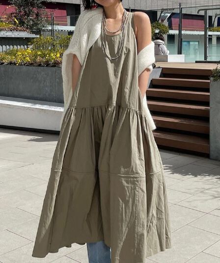 일본식 etre 여름 느슨함 센스 ins 바람 휴가 u 칼라 케이크 조끼 원피스 루즈핏 슬림해 보이는 대 스윙 길이 치마