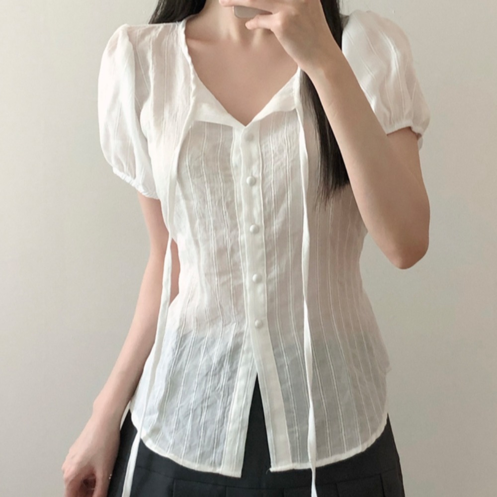 한 부서 ins 여름 달콤함 리본 작은 폴로 칼라 허리 수축 레이스업 버블 반팔 셔츠 맨위 여성