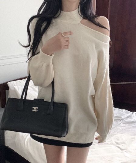 한국 chic 가을 겨울 작은 대중 품격 터틀넥 홀로우 아웃 오프숄더 디자인 루즈핏 캐주얼 다용도 긴팔 니트 스웨터