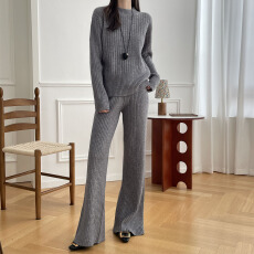 批发实拍  纸片人 简约chic风休闲宽松套头毛衣阔<b class='q'>腿</b>针织长<b class='q'>裤</b>两件套装